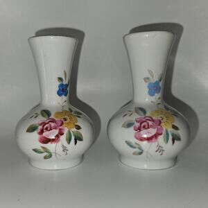 Pair 3.5" Miniature Decorative Bud Vases Floral Design White China Vintage Style